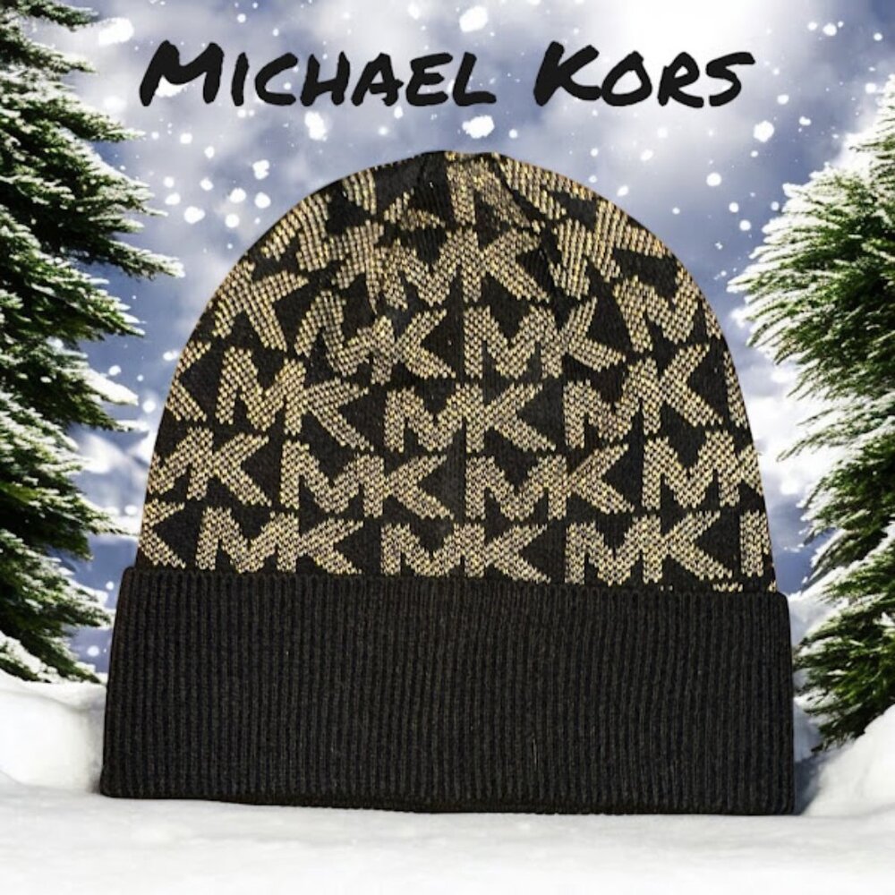 NWOT Michael Kors Monogram Beanie Hat~ Black and Gold~ Unisex (B16)